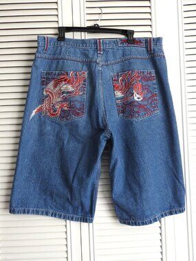 Y2K Miskeen Originals Baggy Denim Shorts Dragon Embroidery Size 40